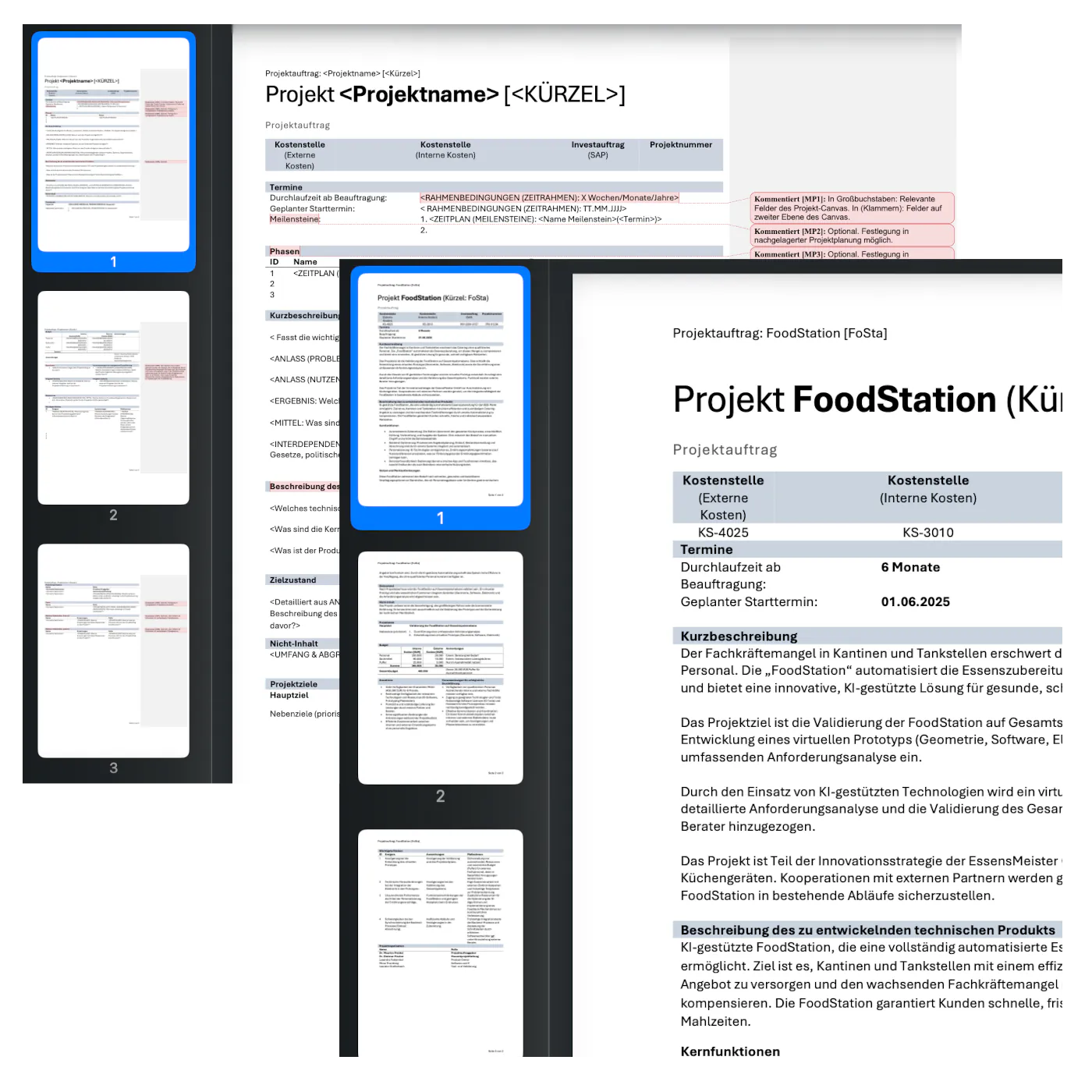 Screenshot einer Projektauftrag-Vorlage als Kursartefakt